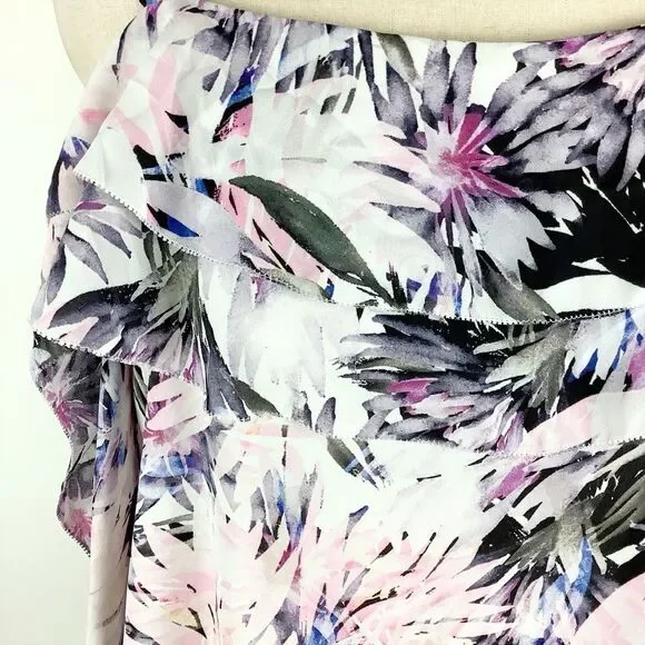 NYDJ Blouse Womens Medium Boho Hawaiian Tropical Floral Top Ruffle Cold Shoulder - Picture 7 of 13